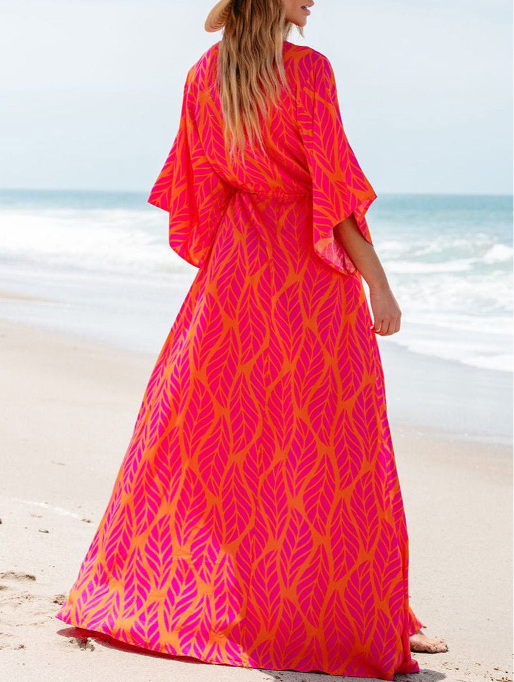 Leafy Print 3/4 Sleeve V Neck Buttoned Split Maxi Dress