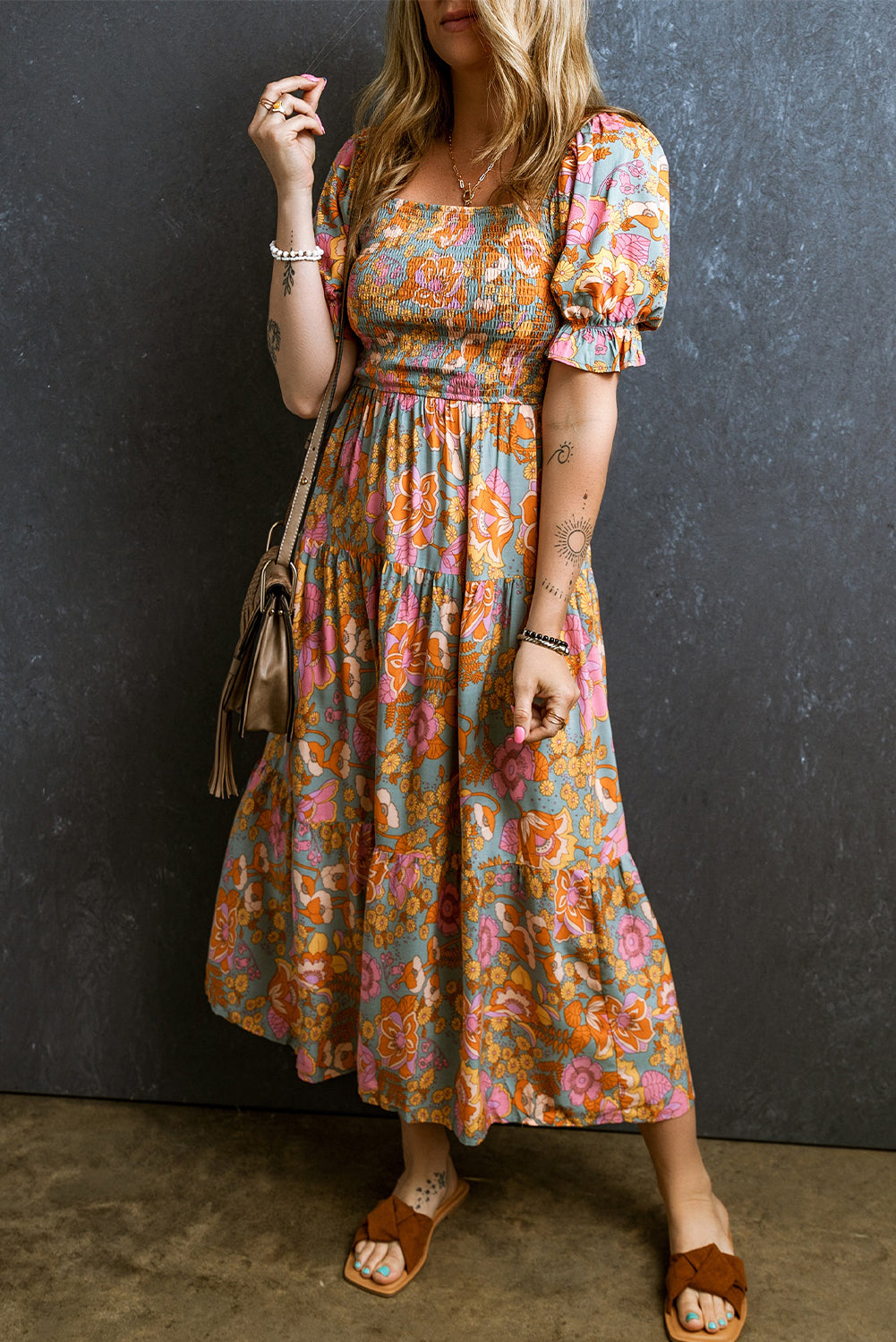 Smocked Bodice High Waist Puff Sleeve Floral Dress