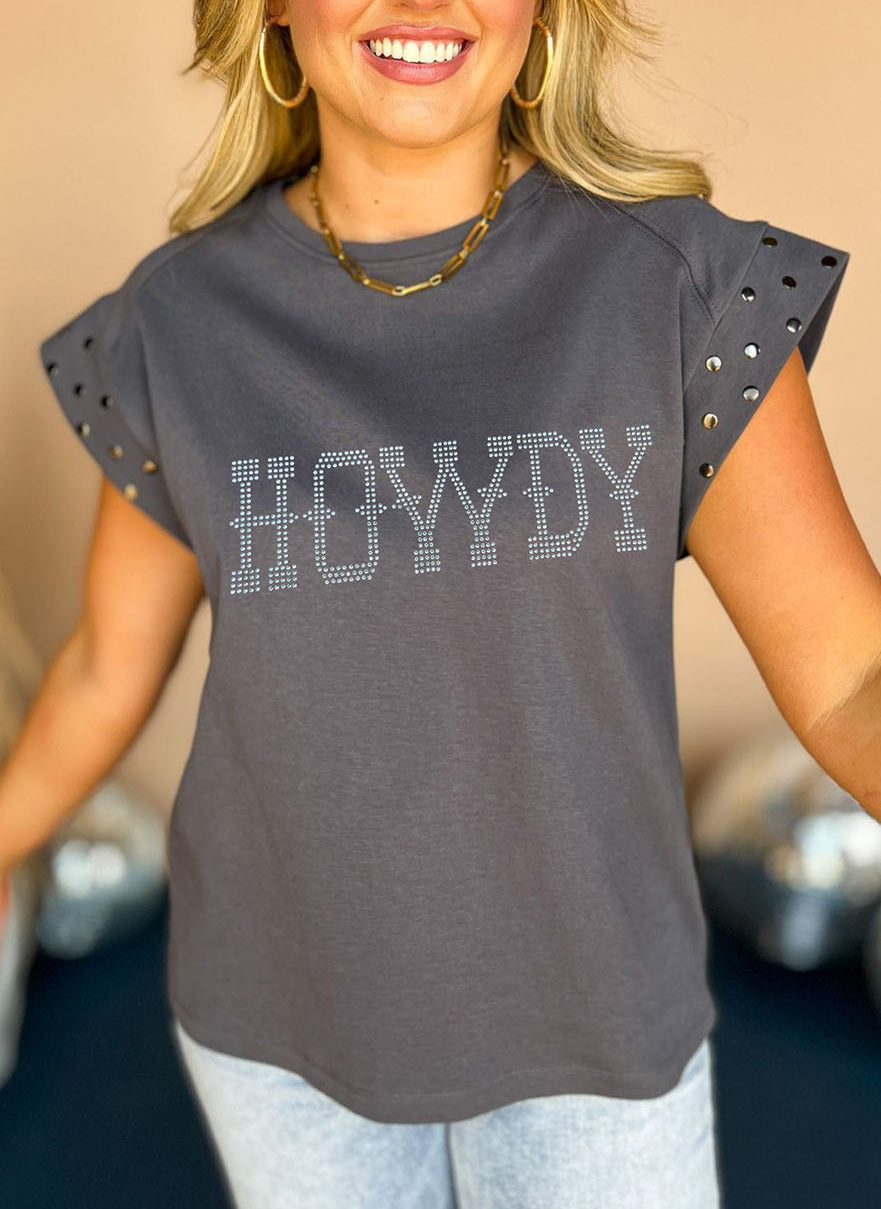 Rhinestone HOWDY Graphic Studded Sleeve T Shirt