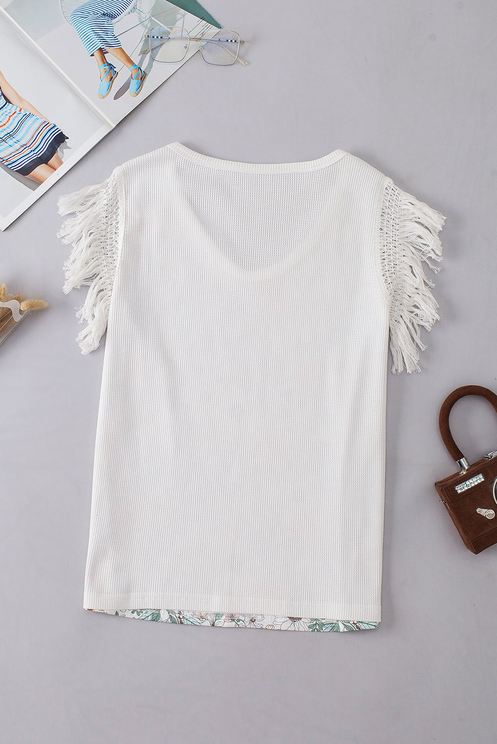 Floral Crinkle Gauze Lace Fringed Crochet Top