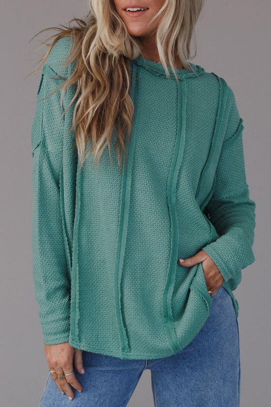 Green Seamed Stitching Waffle Knit Top