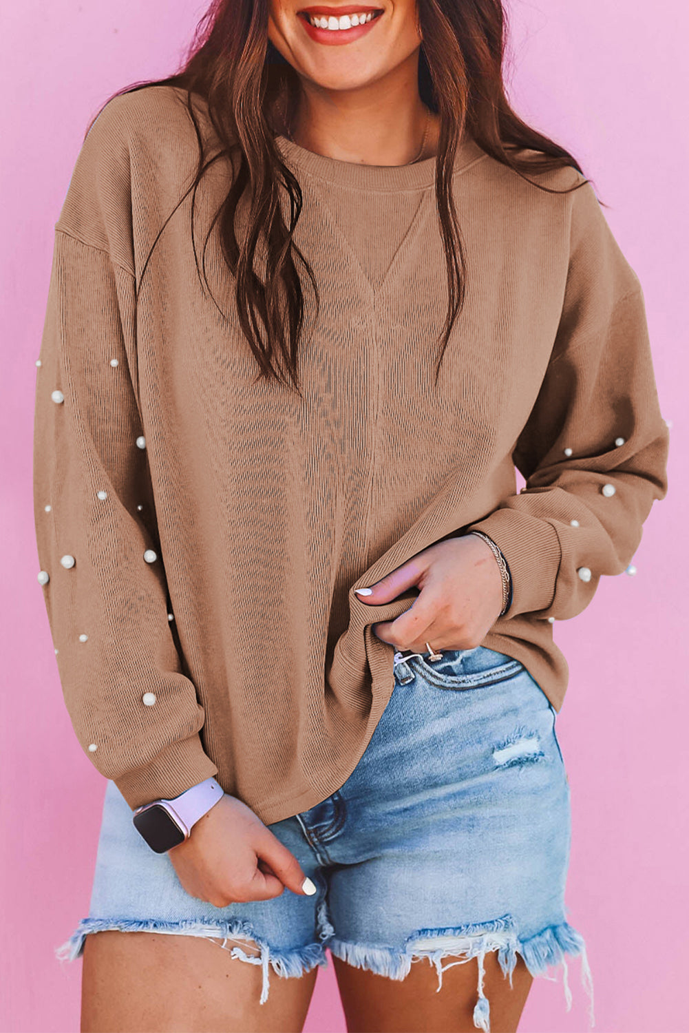 Blossom Pearled Sleeves Drop Shoulder Round Neck Pullover Sweatshirt