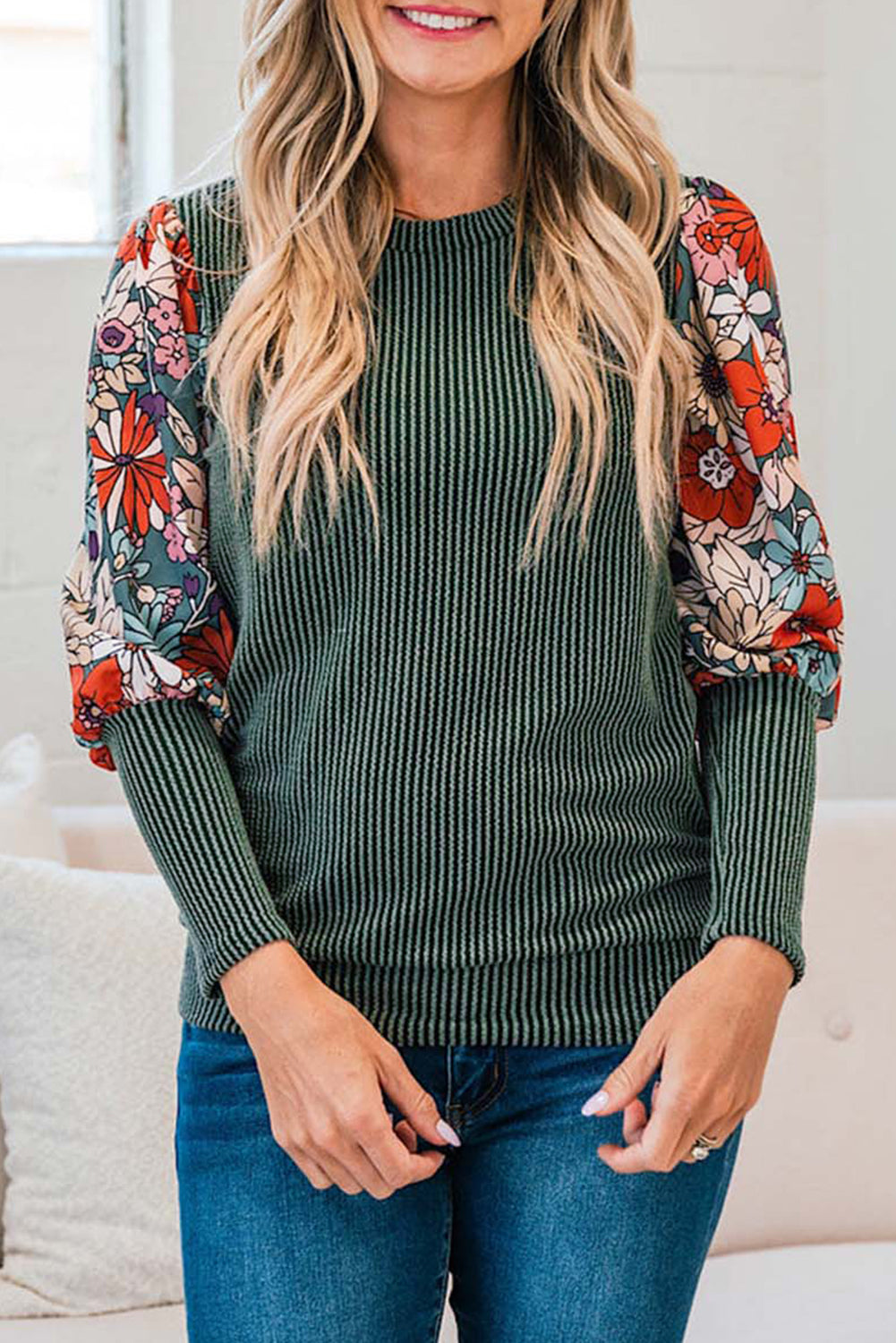 Contrast Floral Sleeve Striped Crew Neck Top