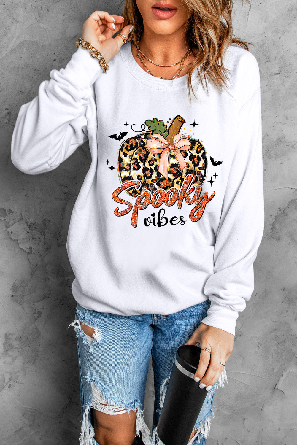 Spooky Leopard Pumpkin Print Crew Neck Sweatshirt