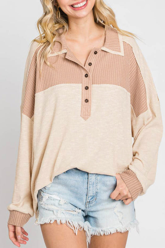 Oversized Knit Top With Waffle Contrast