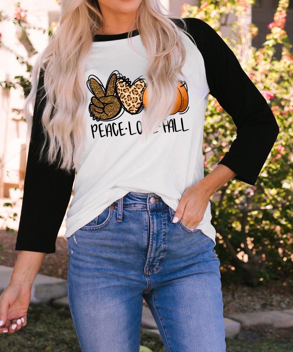 Pumpkin Leopard Heart Graphic Print Raglan Sleeve Top