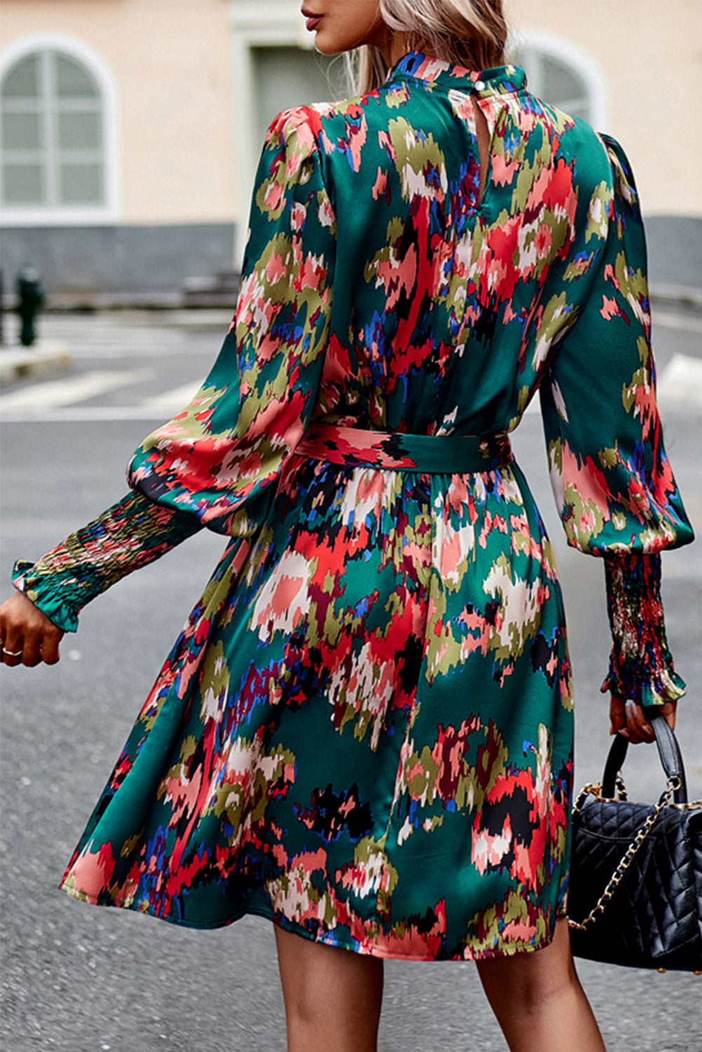 Abstract Print Frilled Neck Gigot Sleeve Dress with Waist Tie