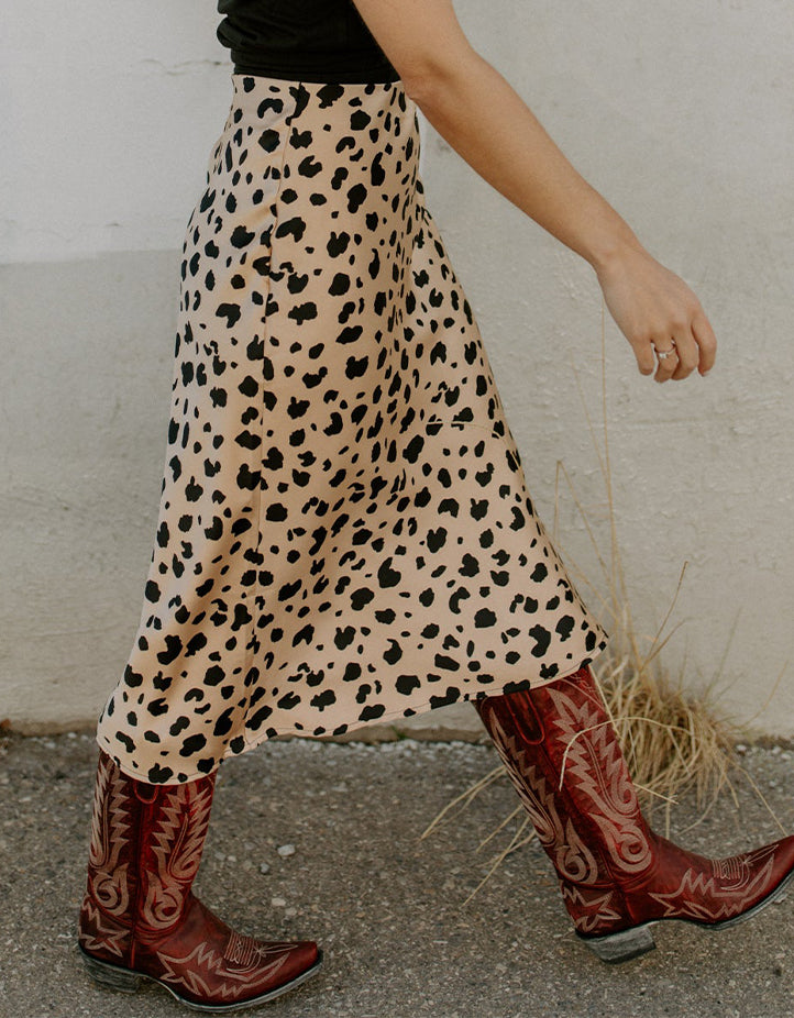 Leopard Spots Printed Split Hem Midi Skirt