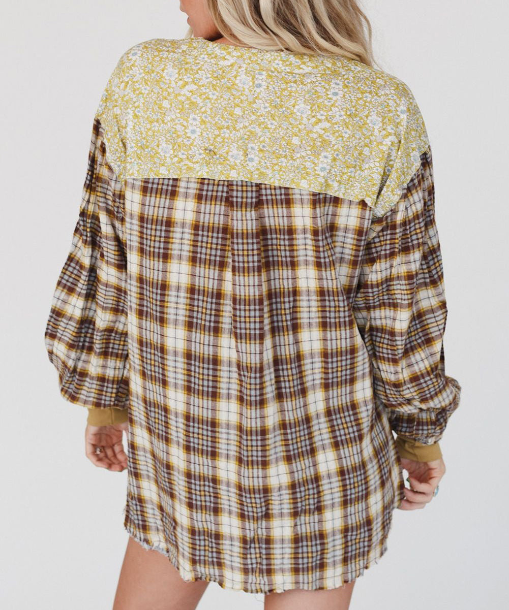 Floral Plaid Mixed Print Bishop Sleeve Patchwork Top with Slits