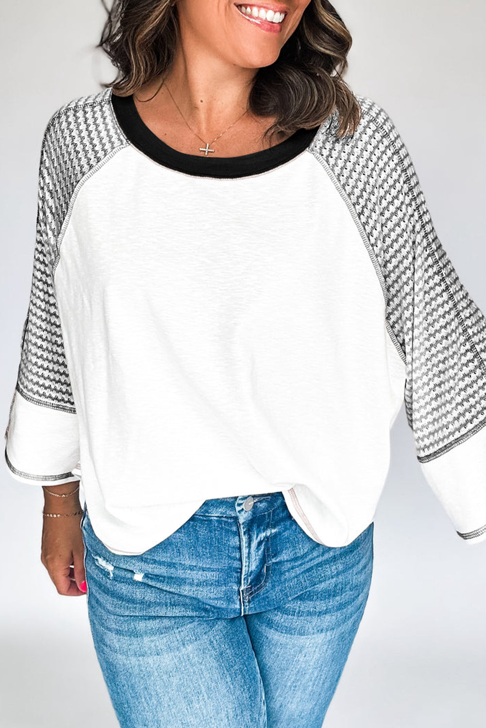 Striped Bracelet Sleeve Raglan Patchwork Top