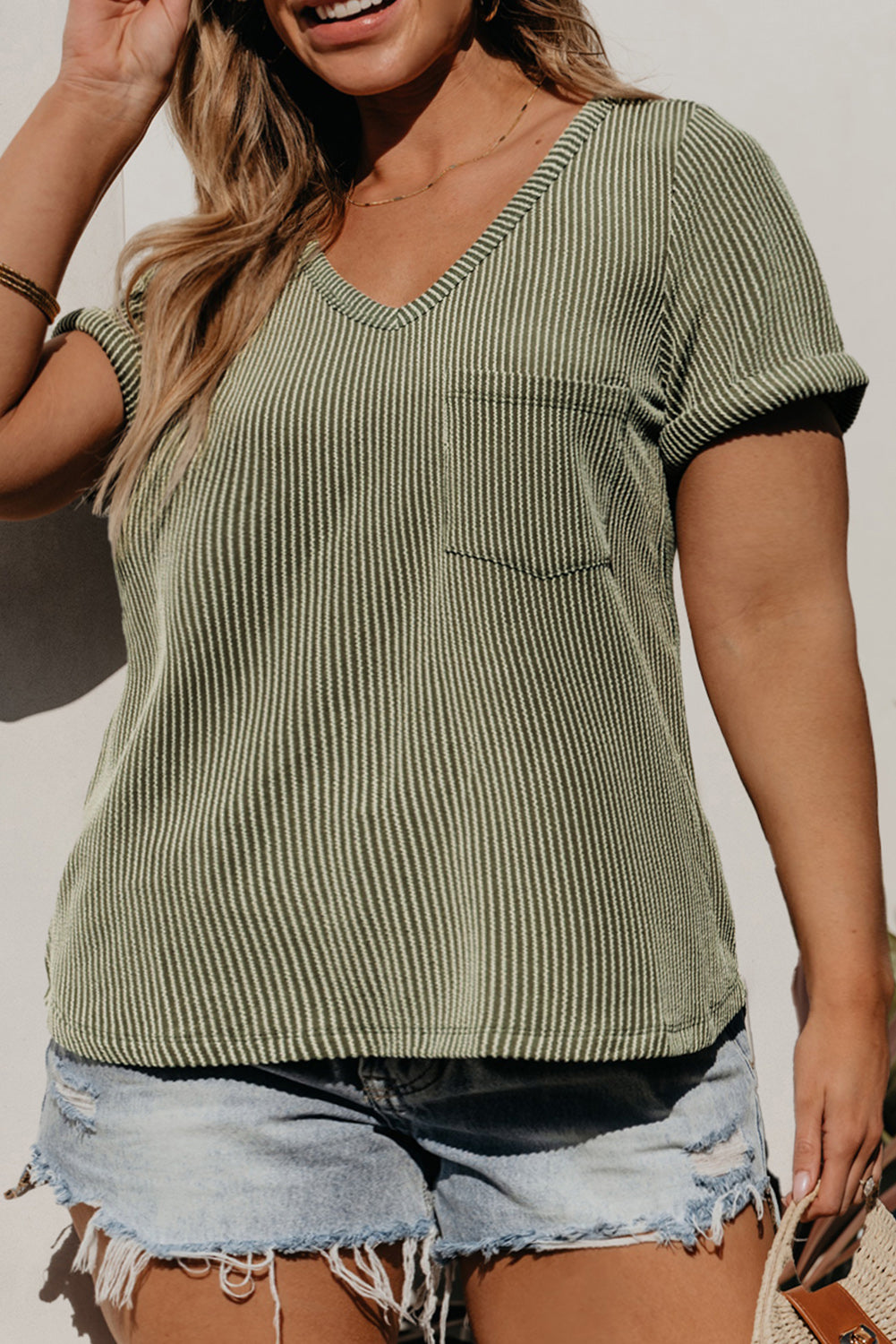 Plus Size Corded V Neck Patch Pocket Tee