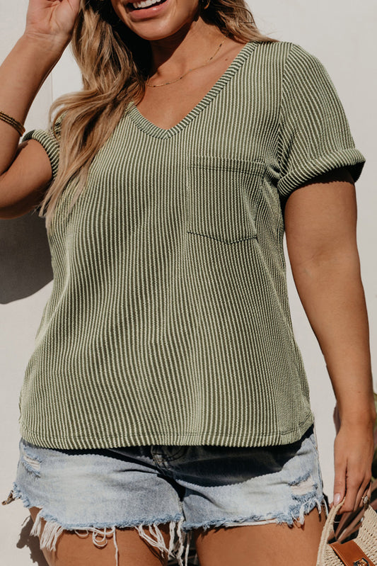Plus Size Corded V Neck Patch Pocket Tee