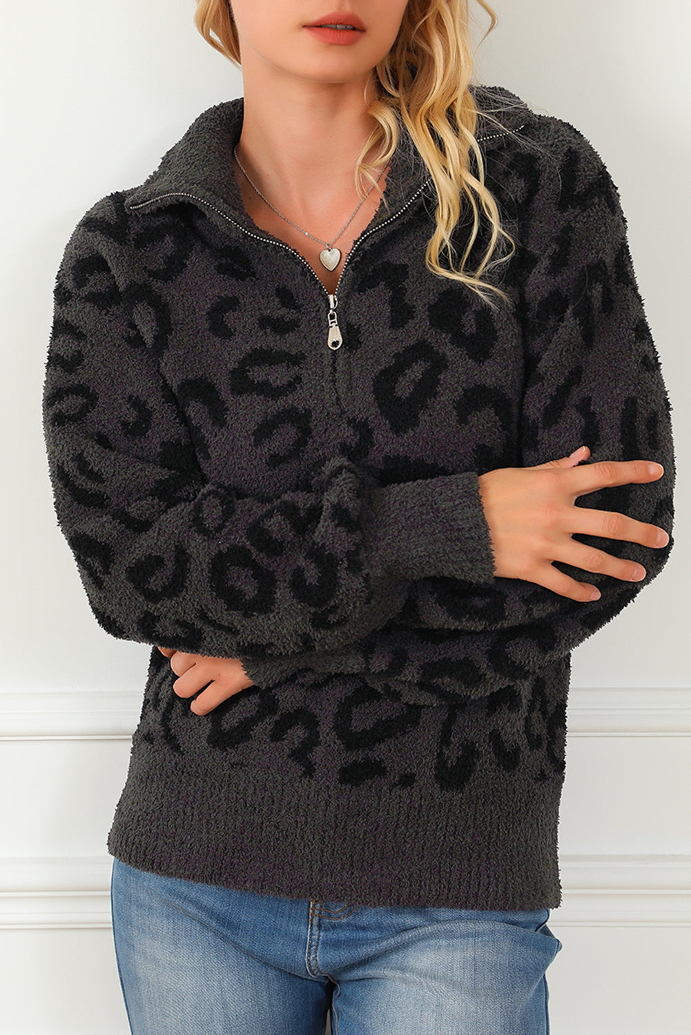 Animal Print Zipped Collared Sweater