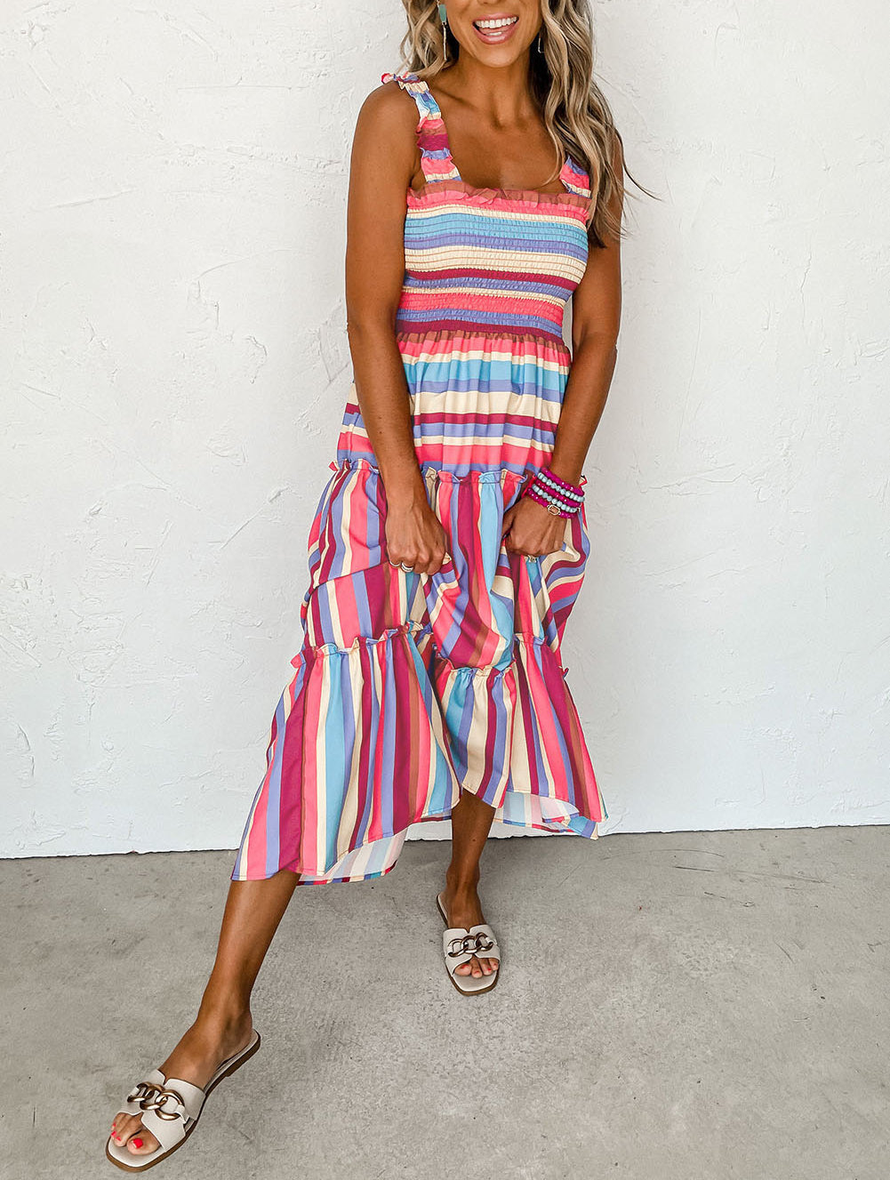 Stripe Ruffled Straps Smocked Tiered Long Dress
