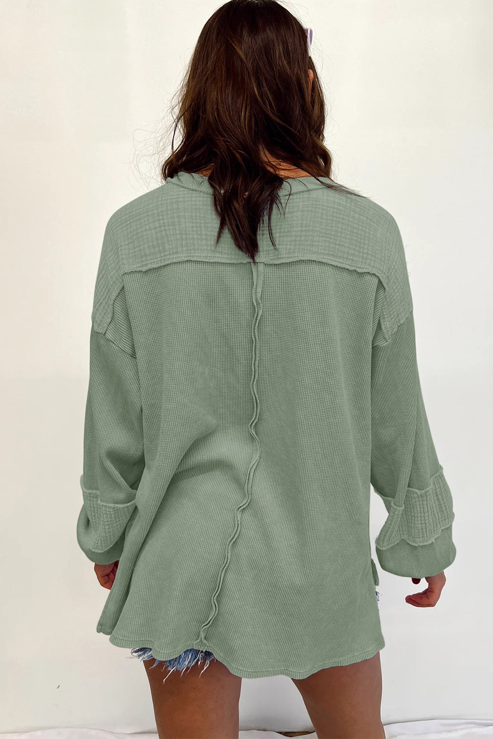 Exposed Seam Patchwork Bubble Sleeve Waffle Knit Top