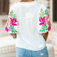 Floral Embroidered Puff Sleeve Notched Neck Blouse