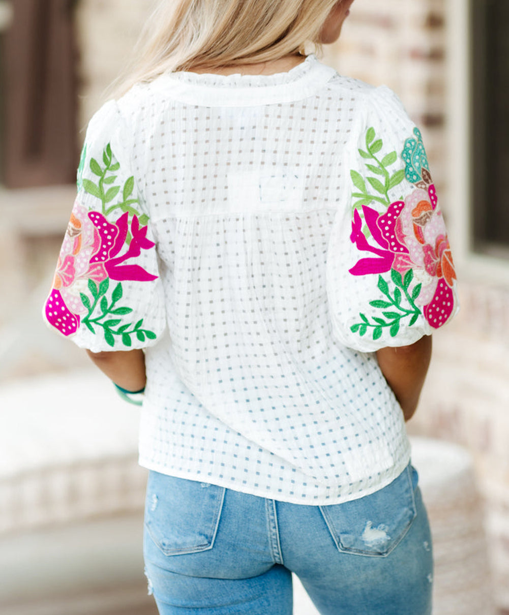 Floral Embroidered Puff Sleeve Notched Neck Blouse