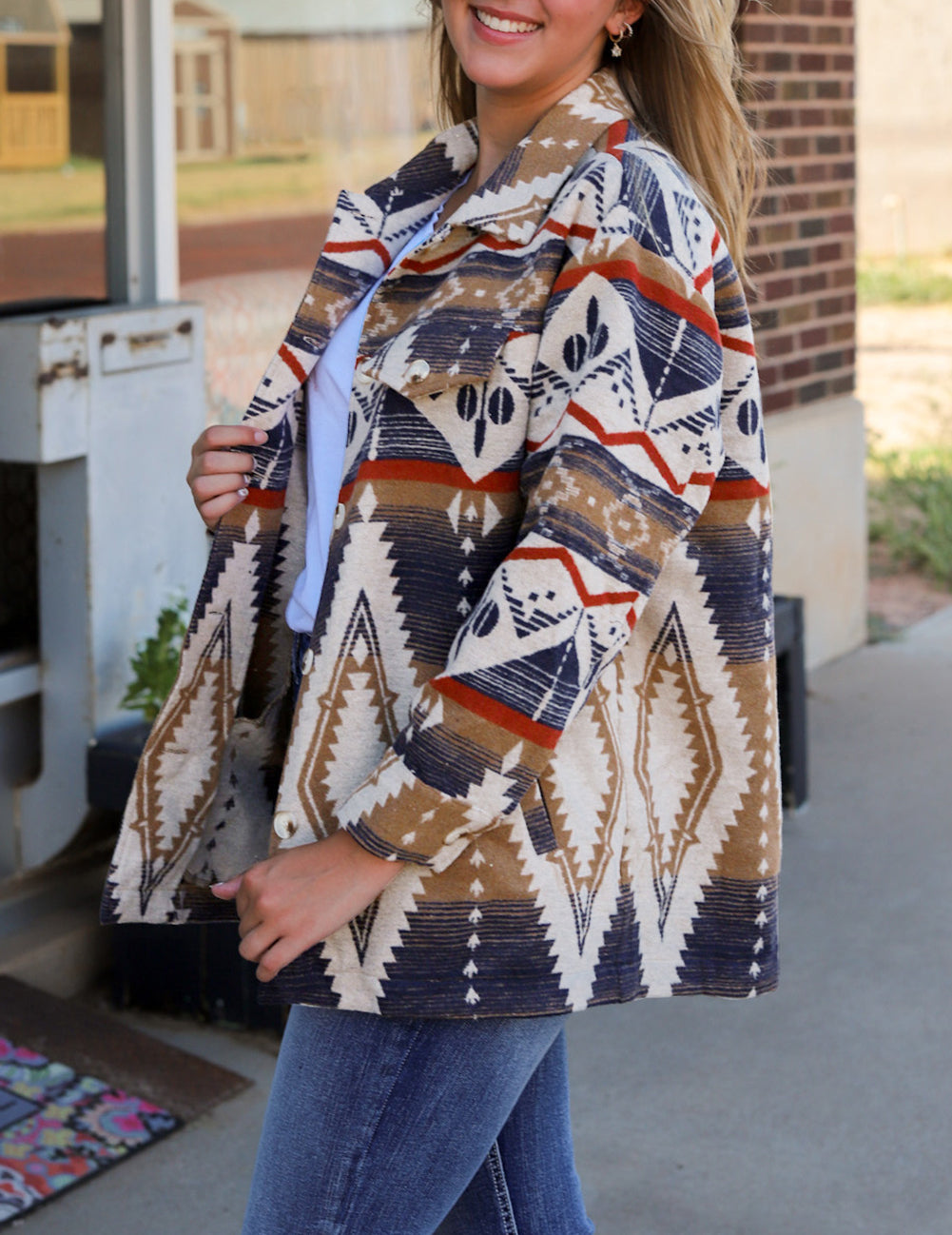 Aztec Print Button-Up Oversized Jacket