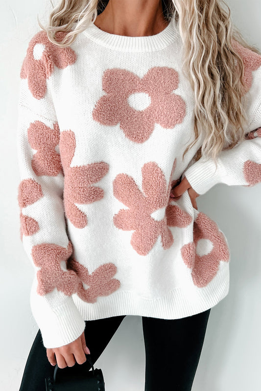 Textured Flower Drop Shoulder Loose Sweater
