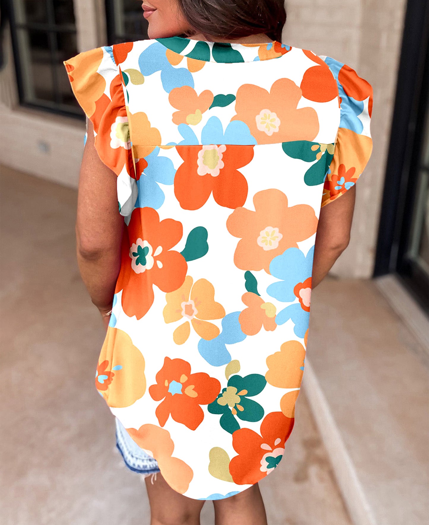 Floral Notched V Neck Ruffled Sleeve Blouse