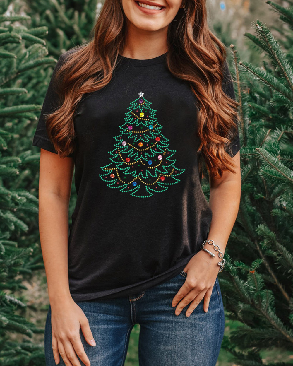 Rhinestone Christmas Tree Round Neck Graphic Tee