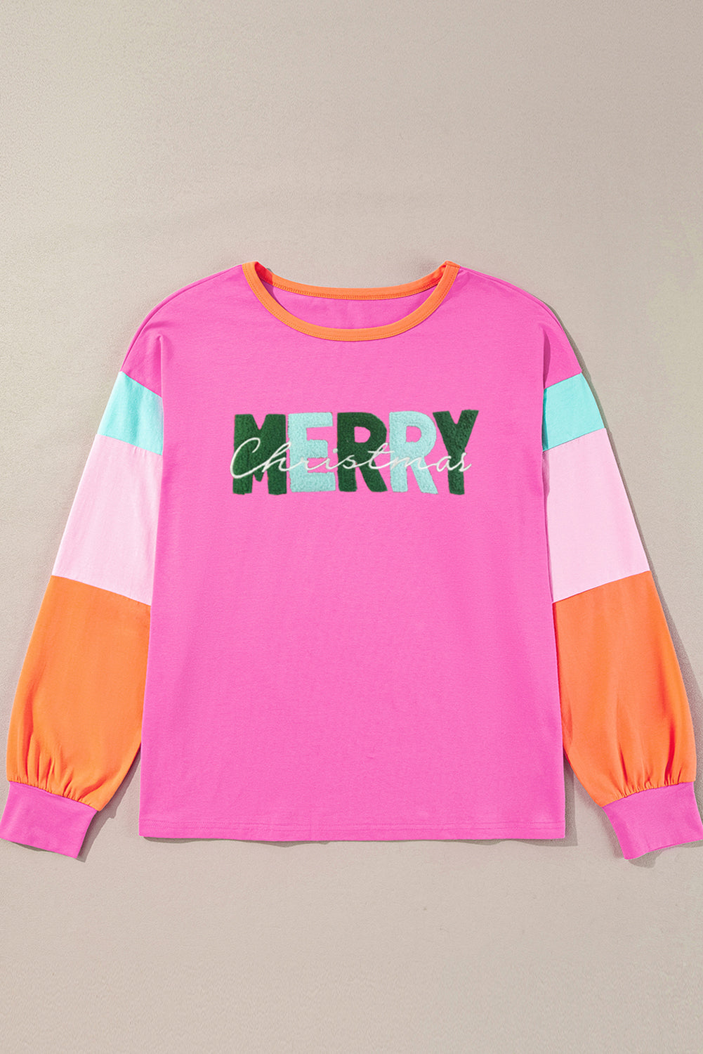 Chenille MERRY Christmas Patched Colorblock Long Sleeve Top