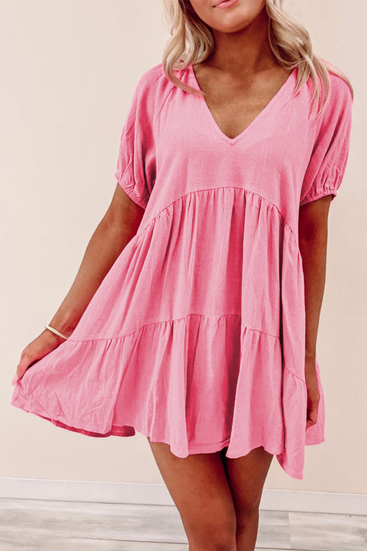 Puff Sleeve V Neck Tiered Swing Dress