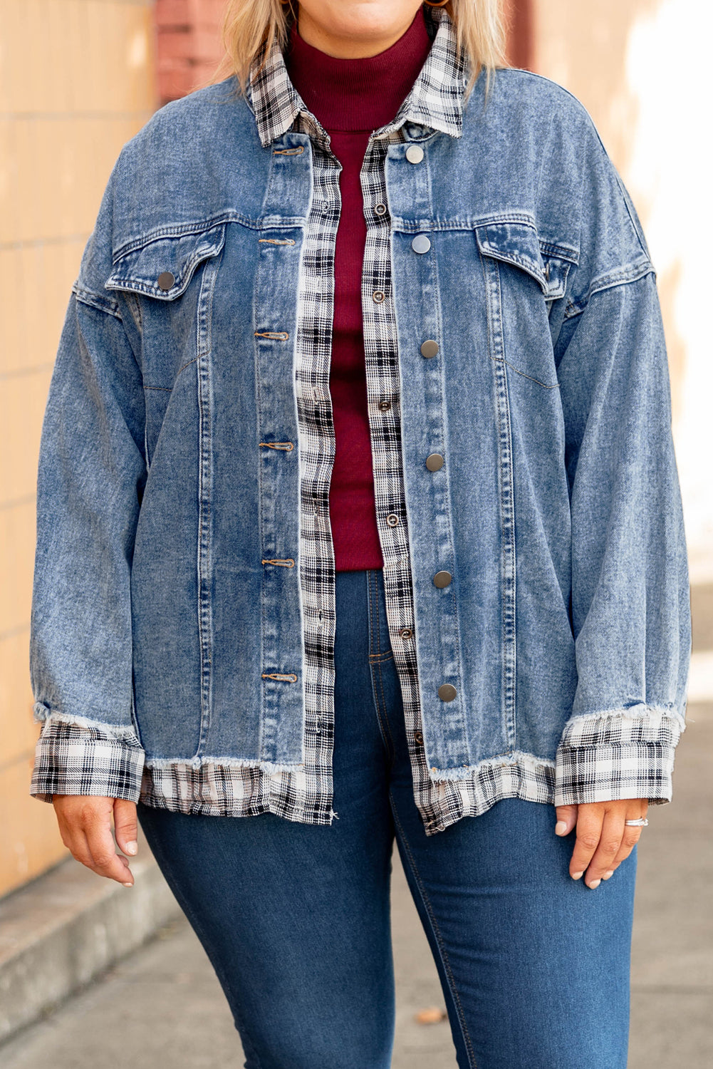 Plaid Hem Splicing Plus Size Denim Jacket