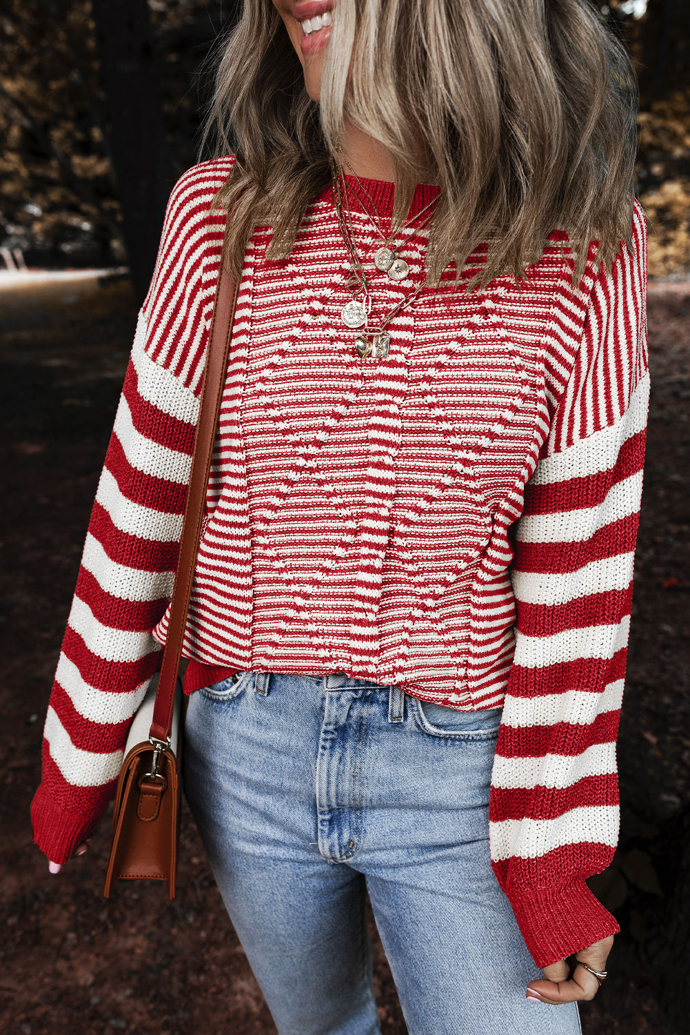 Stripe Geometric Textured Drop Shoulder Sweater