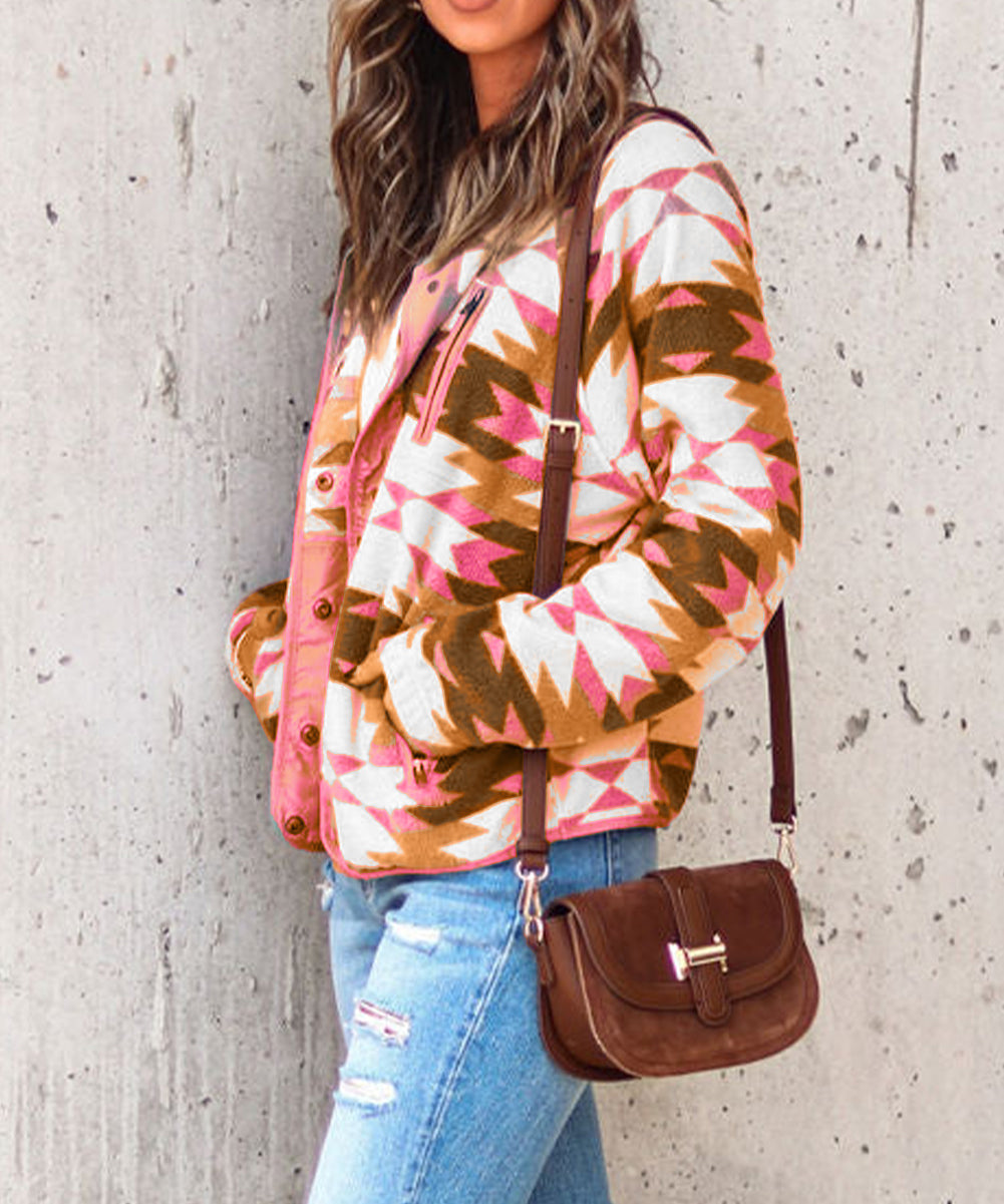 Western Aztec Buttoned Zipper Pockets Fleece Jacket