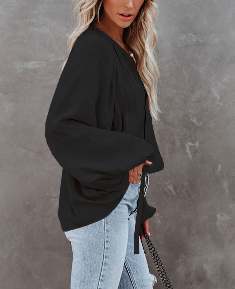 Tie V Neck Pleated Puff Sleeve Satin Blouse
