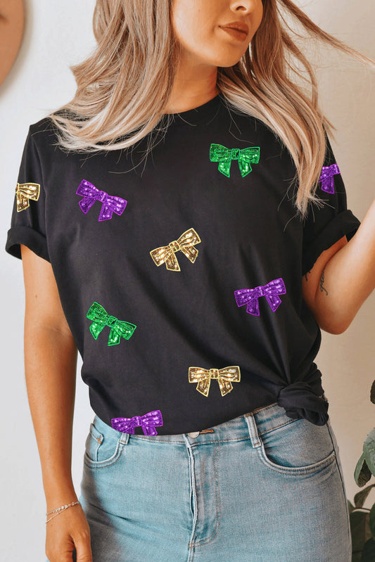 Mardi Gras Sequin Bow Knot Crew Neck T Shirt