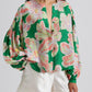 Floral Print Button up Pleated Puff Sleeve Loose Shirt