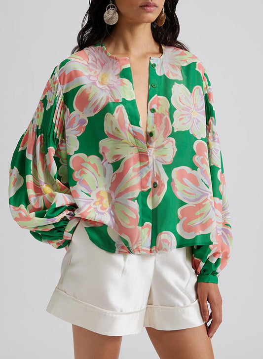 Floral Print Button up Pleated Puff Sleeve Loose Shirt