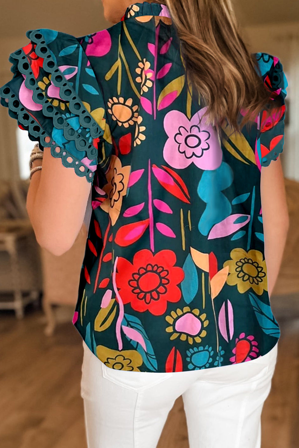 Trimmed Ruffle Sleeve Summer Floral Blouse