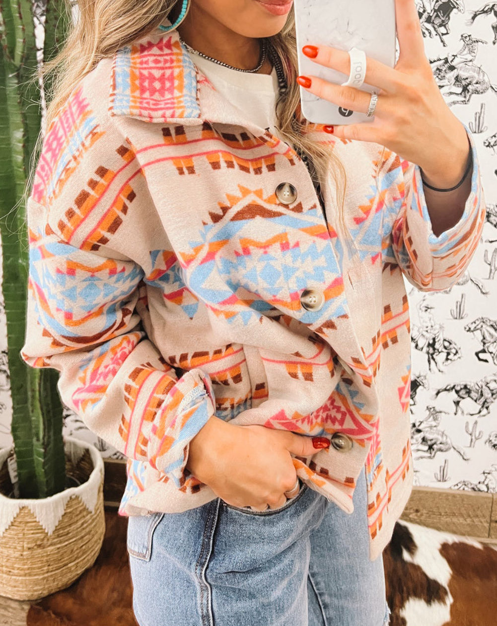 Western Aztec Print Button-Up Jacket