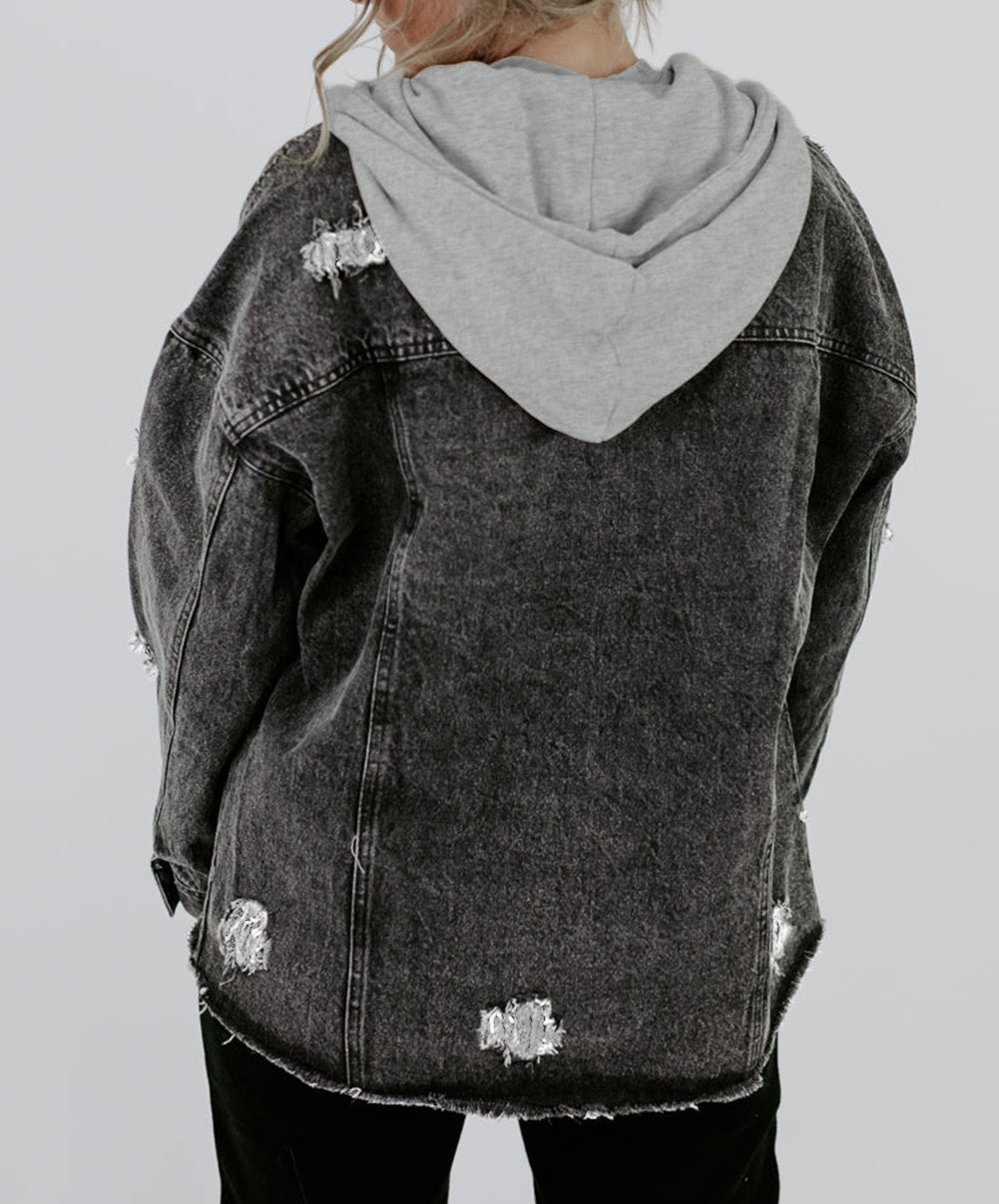 Drawstring Hooded Frayed Denim Jacket