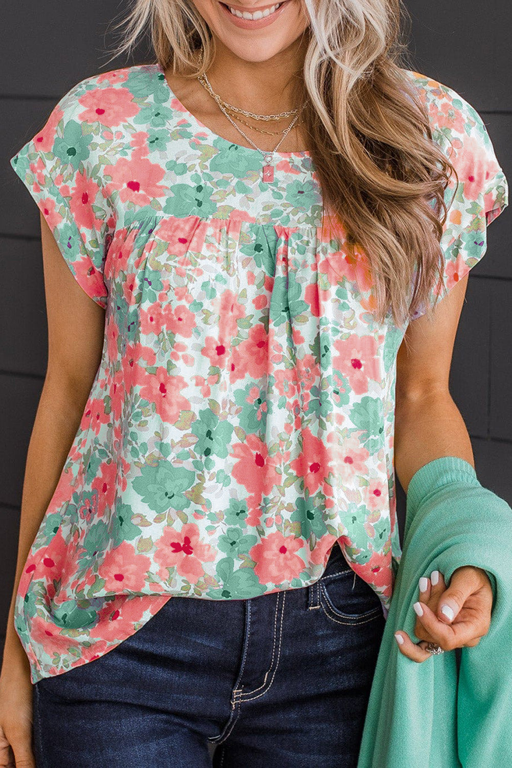 Floral Print Keyhole Back Short Sleeve Babydoll Blouse
