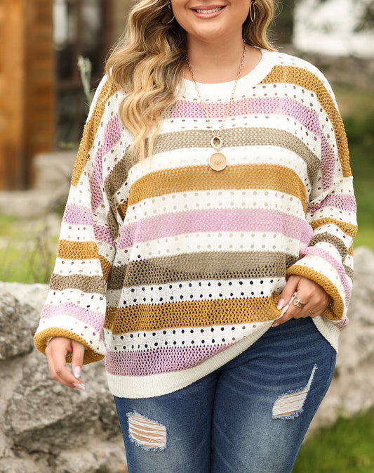 Plus Size Striped Hollowed Knitted Loose Sweater