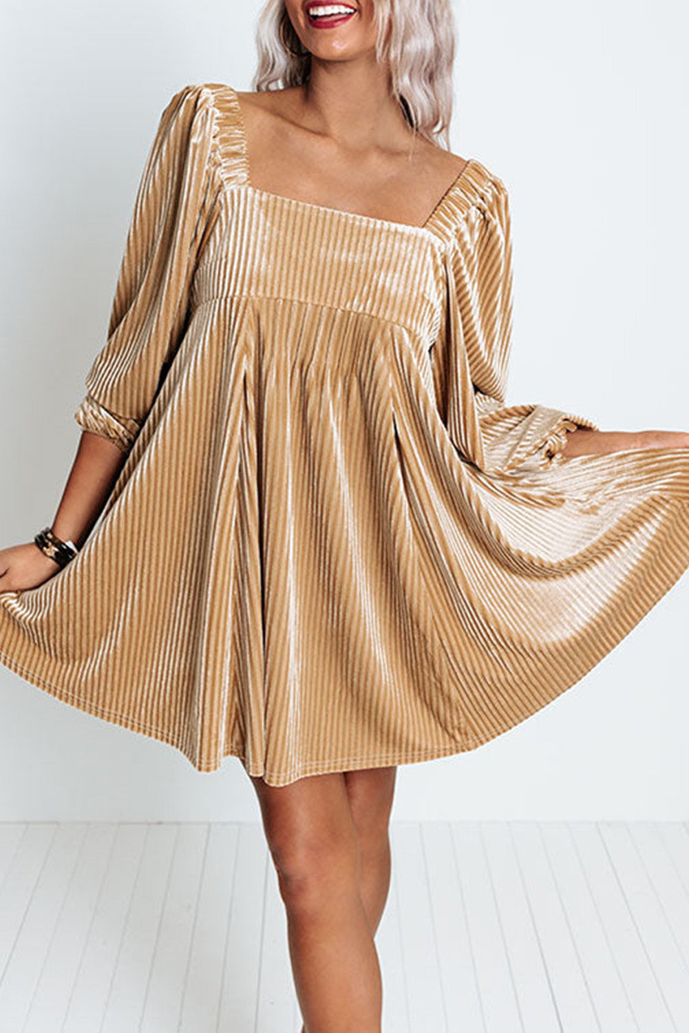 Tie Back Square Neck Velvet Babydoll Dress