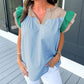 Colorblock Ruffled Sleeve Frill V Neck Blouse