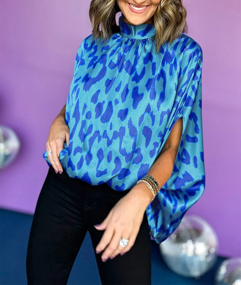 Animal Printed Mock Neck Detail Caftan Top