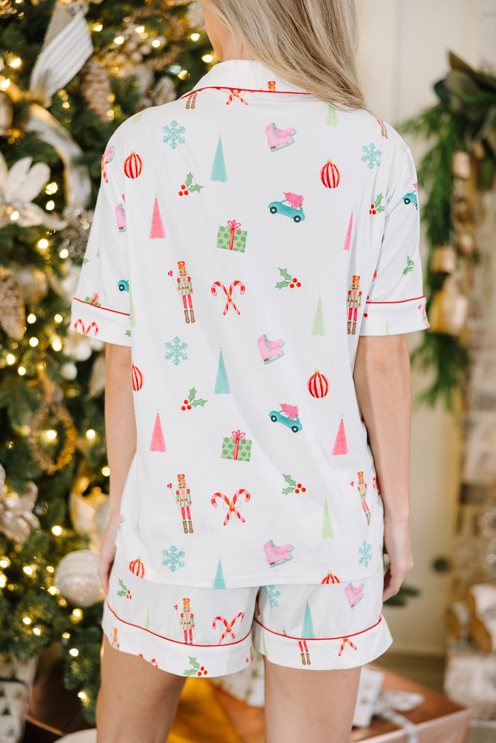 Christmas Print Short Sleeve Shirt and Shorts Pajama Set