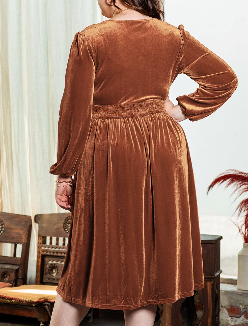 V Neck Balloon Sleeve Velvet Dress