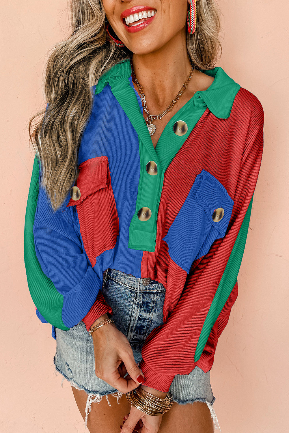 Colorblock Ribbed Collared Oversized Sweatshirt