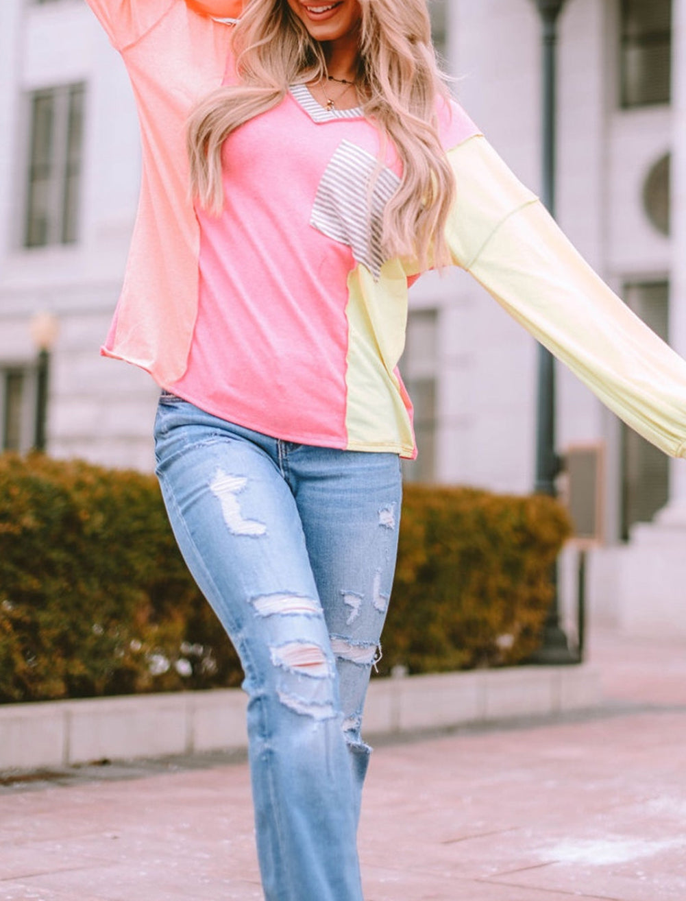 Striped Color Block Splicing Long Sleeve T Shirt