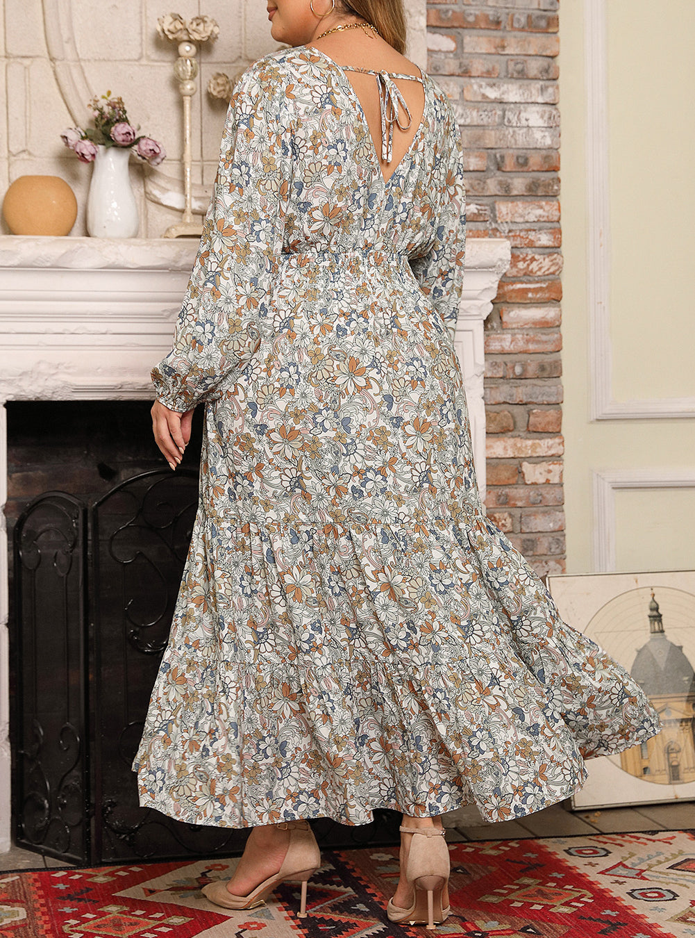 Plus Size Floral Puff Sleeve Surplice Ruffled Dress