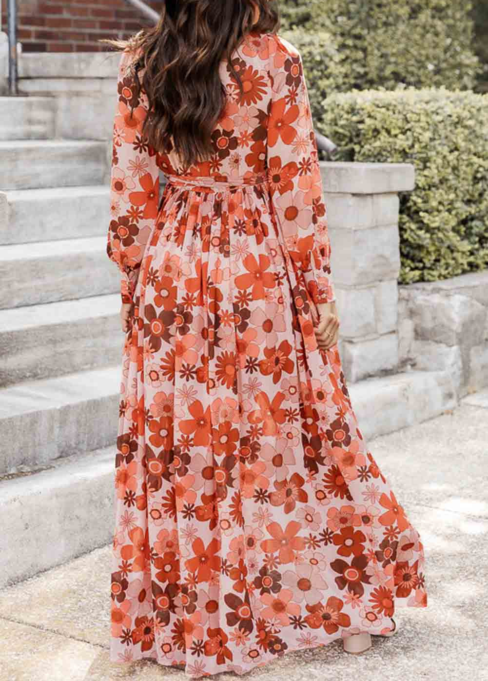 Floral V-Neck Long Sleeve Belted Maxi Dress