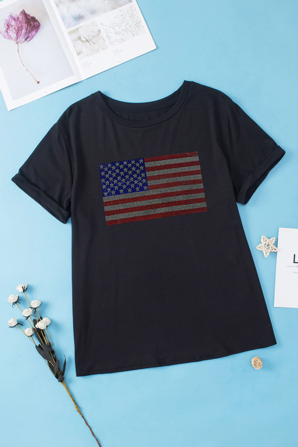 Rhinestone American Flag Plus Size Graphic T Shirt