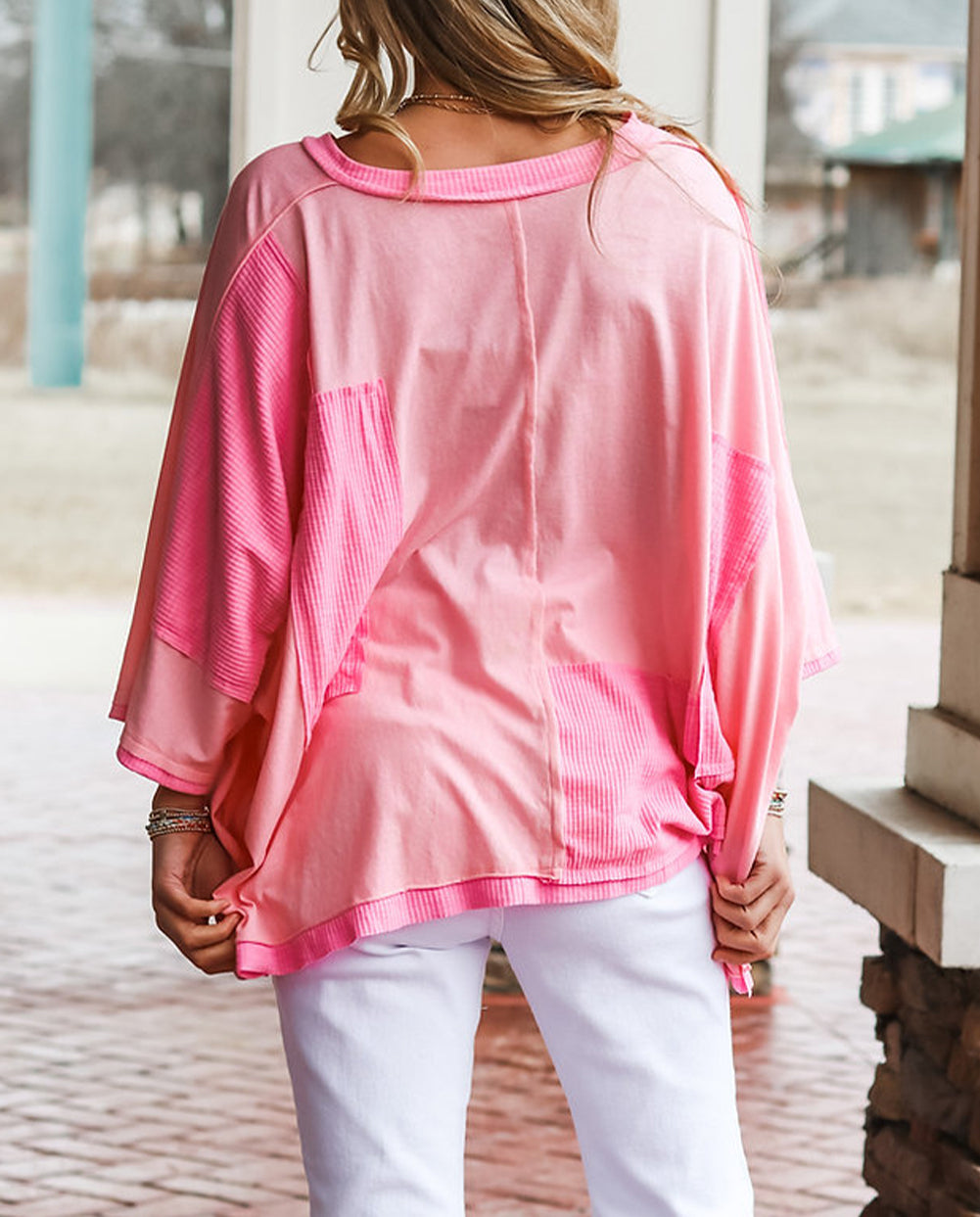 Color Block Patchwork 3/4 Sleeve Loose Top